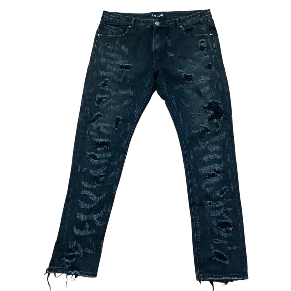 VTG Embellish Mens Jeans Black Distressed 38x33 Raw Hem Y2K‎ Skater Streetwear